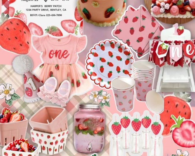 mood board for strawberry theme birthday party