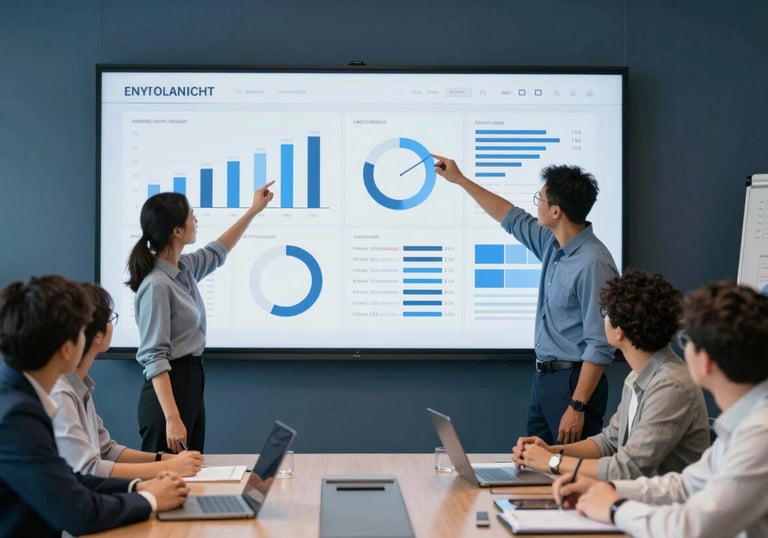 A collaborative team of diverse professionals analyzing data on a large wall screen in a sleek, blue-toned boardroom.