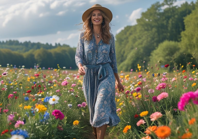 a woman in a blue dress and hat walking through a field of flowers