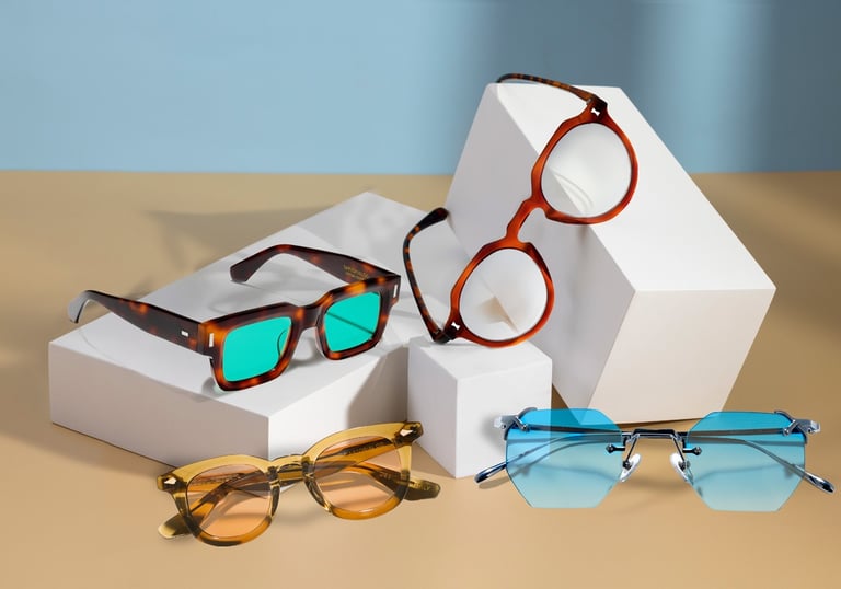 a variety of sunglasses and sunglasses on a table