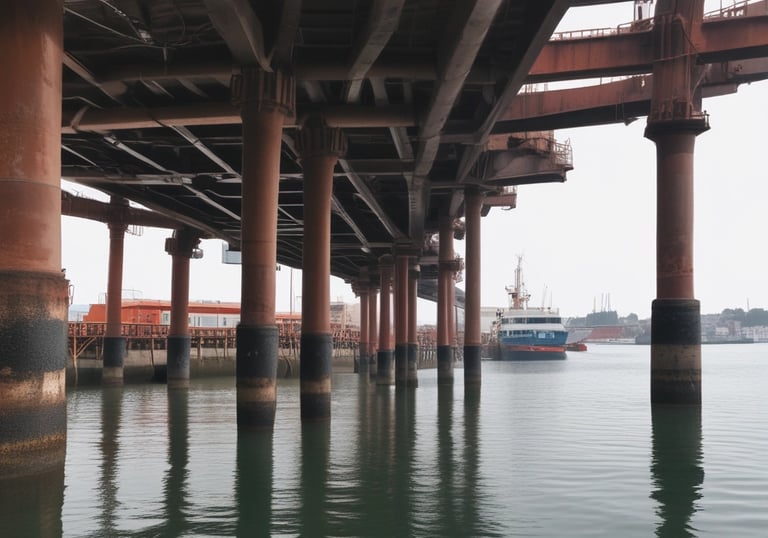 Underwater drone inspecting a ship hull near a port.