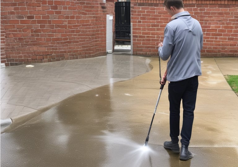 Before and after images of a pressure washed patio.