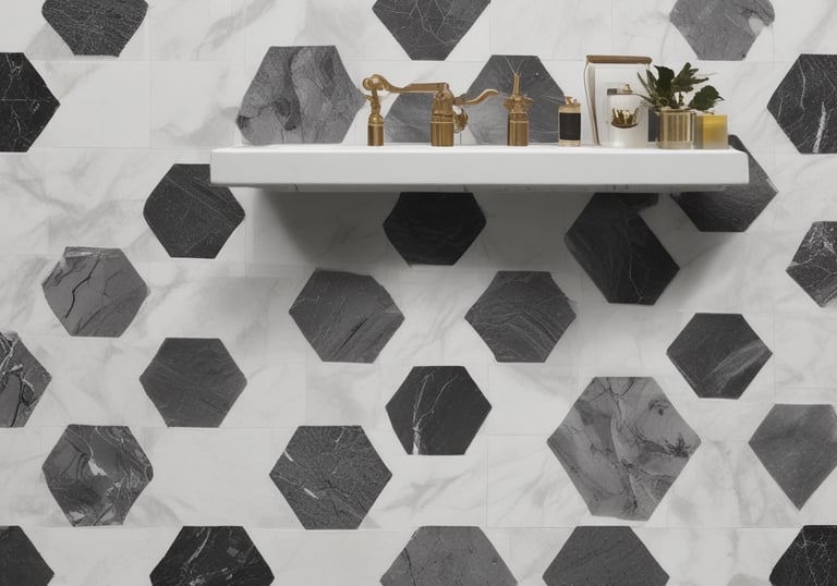 A modern interior with a sleek, glossy cabinet and a display of colorful samples on the wall. The setting is well-lit with natural light coming through a large window, and the decor is minimalistic and polished.