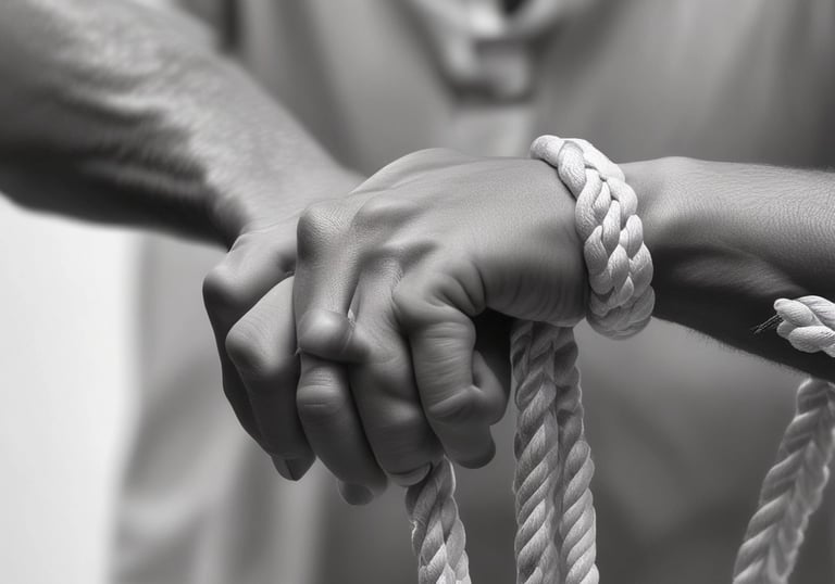 A man with a rope tied around his wrists.