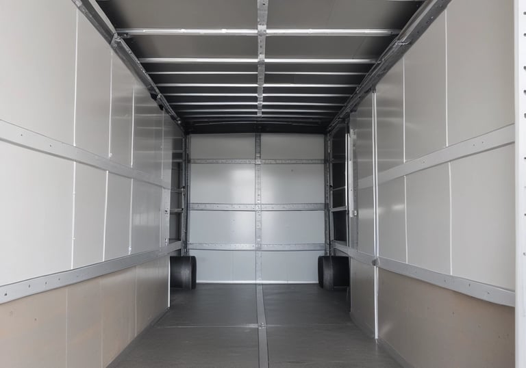 A black truck parked in an industrial area is loaded with large metal cabinets and a roll of white material. The truck's bed is wooden and surrounded by various parked vehicles in a warehouse environment.