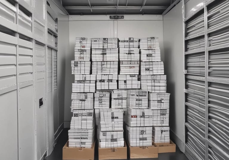 An empty truck interior with wooden floorboards is visible. Several cardboard boxes labeled 'Lowe's' are stacked neatly along the back of the truck. A green-wrapped item, possibly furniture, is secured at the side with a moving blanket partially covering it. There is a black and blue moving blanket and a green strap on the ground.