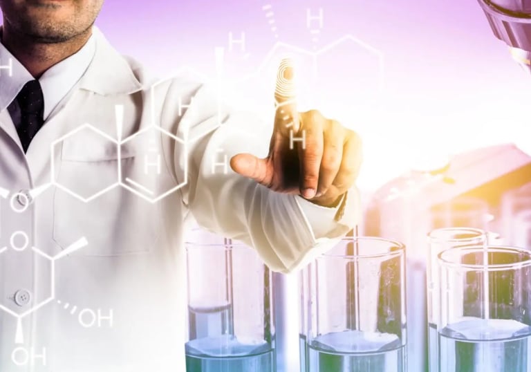 a man in a lab coat holding a pipe and a pipe