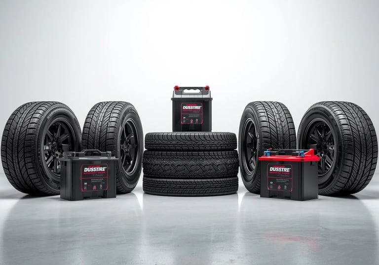 a group of tires with a battery and batteries