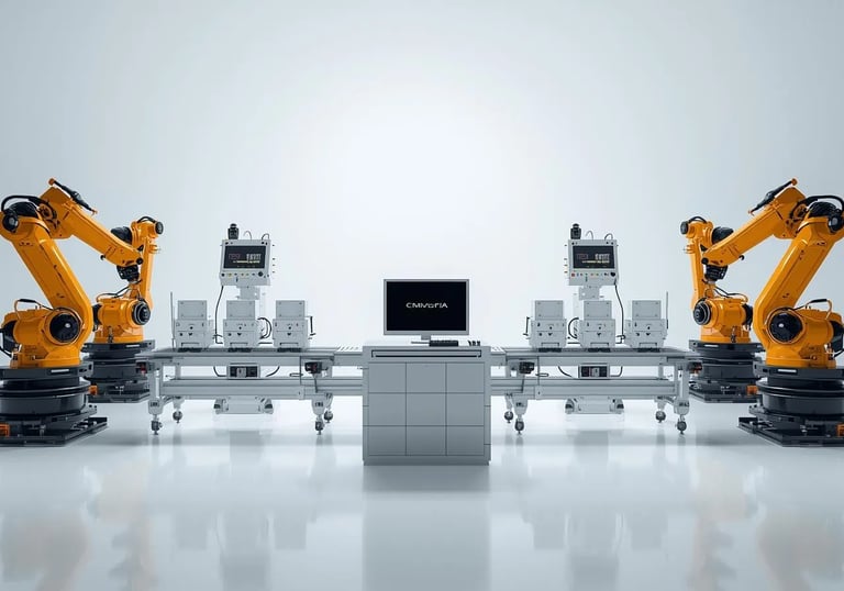 a group of robots that are standing in front of a laptop