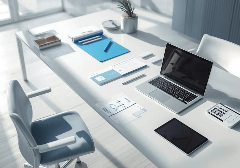 a laptop computer sitting on a desk with a laptop and a notebook