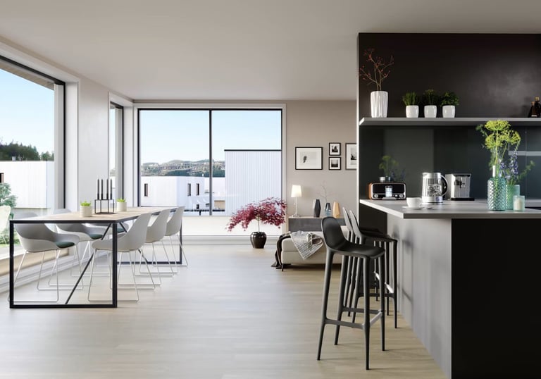 a kitchen with a table and chairs and a table