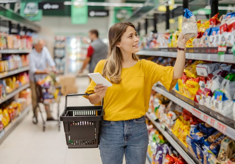 a woman in a yellow shirt is holding a shopping carton