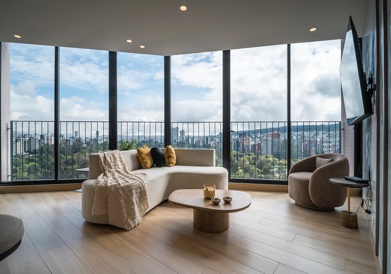 Sala de estar de fotógrafo de airbnb de lujo en centro financiero de Quito