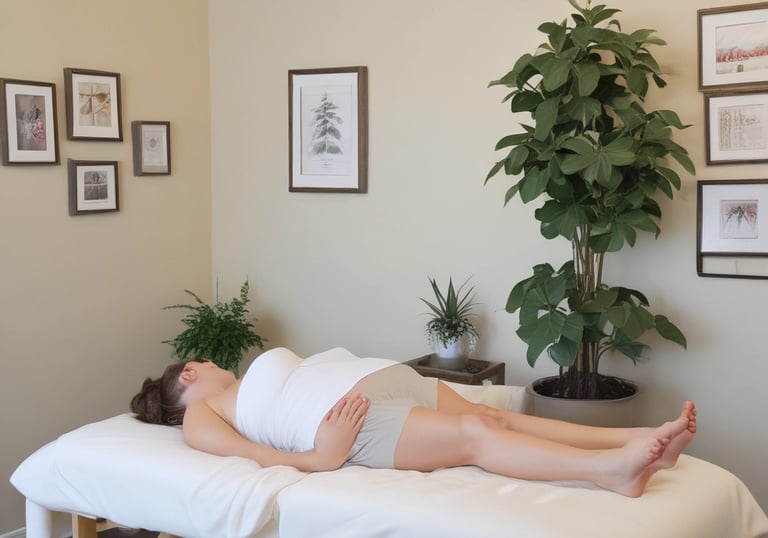 A makeup artist is applying cosmetics to a woman seated in an outdoor setting. The woman has shoulder-length wavy hair and is sitting calmly with her eyes closed, while the artist is intently focused on her work. There is greenery in the background and an open doorway, suggesting this is taking place possibly outside a salon or shop.
