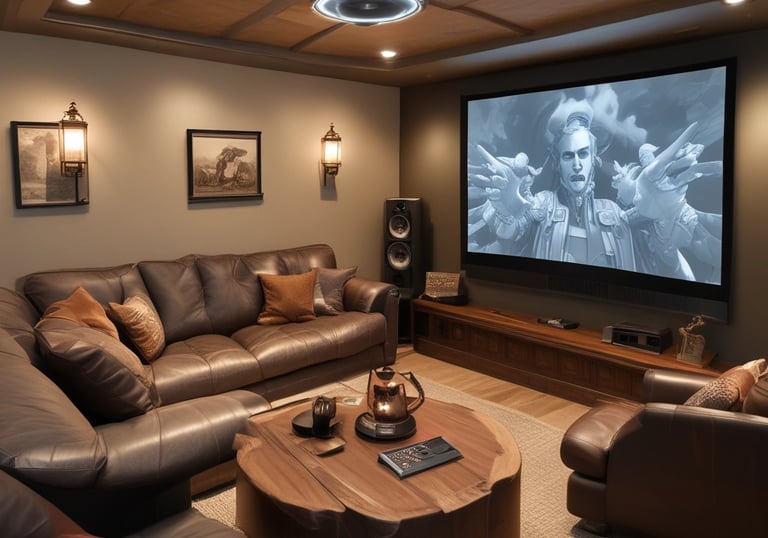 A cozy home theater setup with people lounging on couches and covered in blankets. They are watching a large screen with an animated robot character displayed. The space includes a projector on a table and dim ambient lighting, with a decorative deer head mounted on the wall.