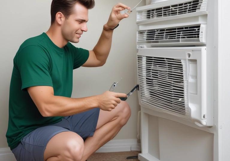 a man in a green shirt is cleanning a air conditional