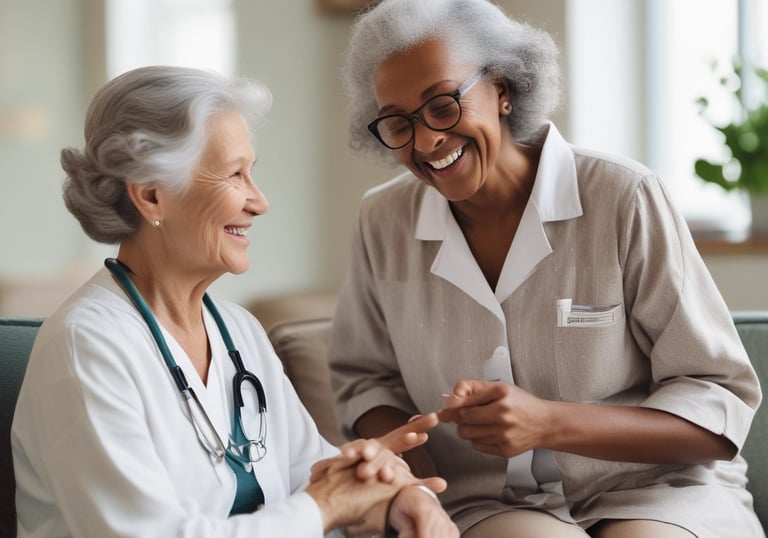 An elderly person with gray hair sits in a red wheelchair on a paved path, surrounded by greenery and buildings in a peaceful outdoor setting.