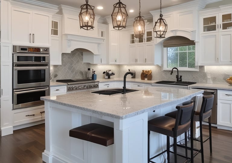 An indoor space under renovation, featuring a bar counter with various construction materials and tools scattered around. The walls are decorated with floral wallpaper. Multiple pendant lights hang from the ceiling, casting a warm glow. A ladder and several cardboard boxes are visible in the background.