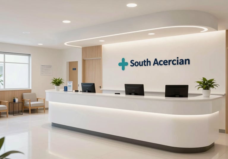 A bright and airy South American medical clinic reception area, showing modern design, clean lines, and a professional, welcoming atmosphere.
