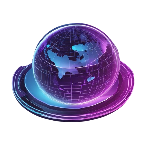 Glowing purple and blue 3D digital earth hologram showing global network connectivity data.