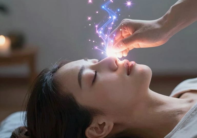 Close-up of colorful energy stones and delicate jewelry arranged on a soft white cloth.