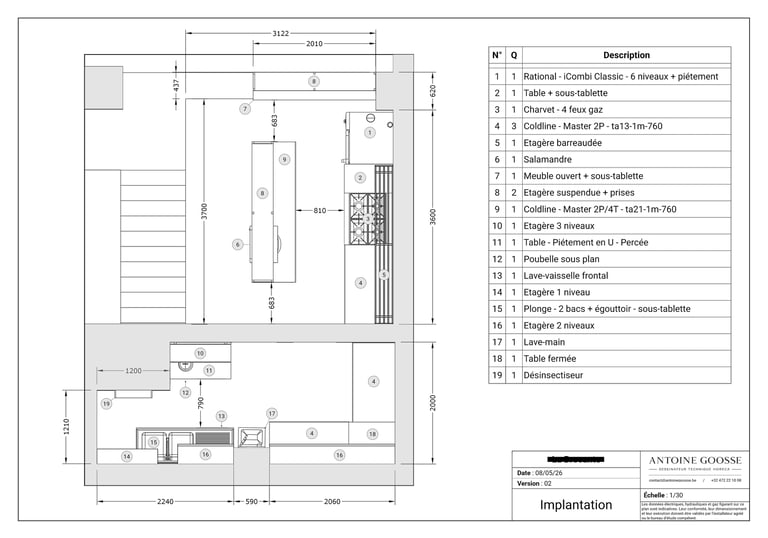 Plan d'implantation d'une cuisine professionnelle.