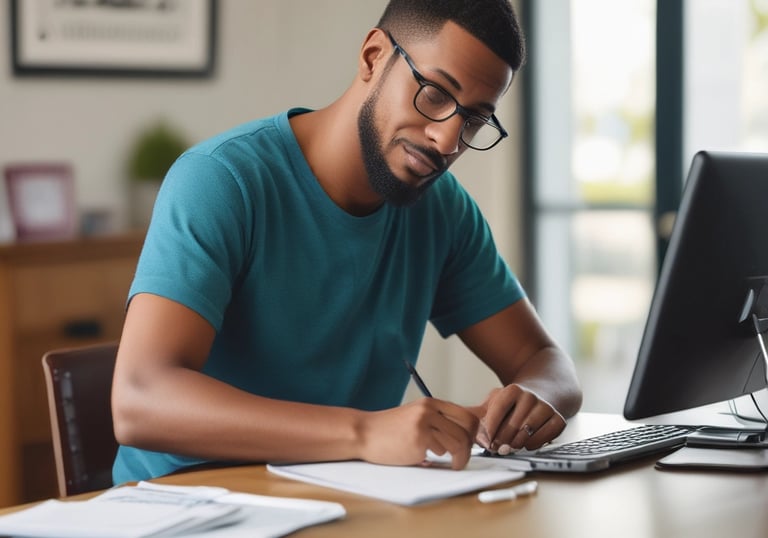 Close-up of hands filling out FAFSA forms with a laptop and notes nearby.