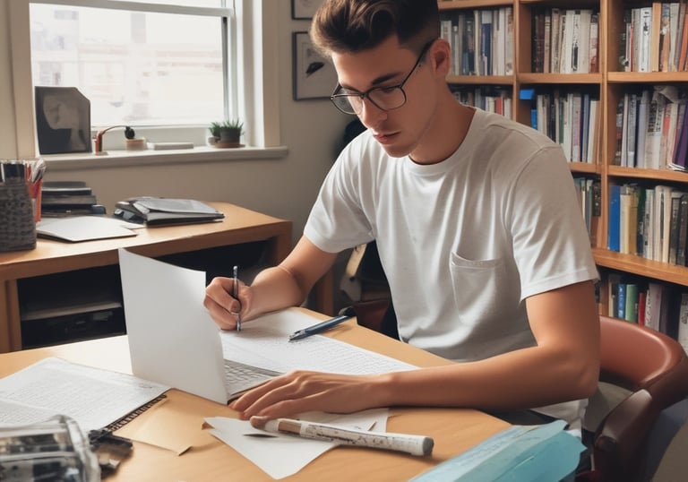 A young student thoughtfully writing a personal statement in a sunlit room.