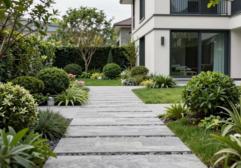 A finished residential garden with stone paths and manicured greenery surrounding a modern Swiss house, professional landscaping photography.