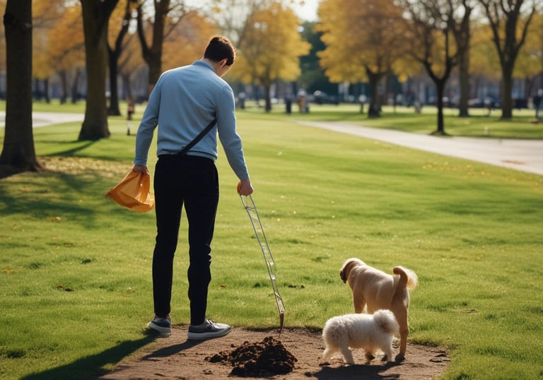 A friendly Troopers Scoopers team member scooping pet waste in a sunny backyard.