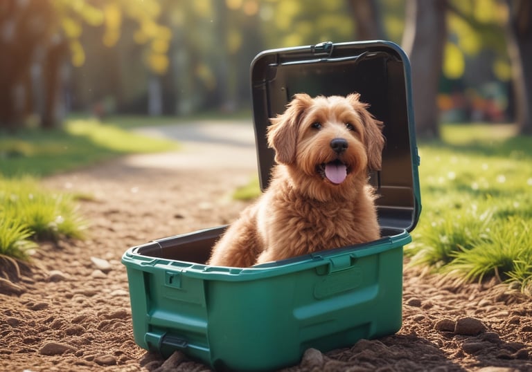 Close-up of biodegradable bags and tools used for pet waste removal.