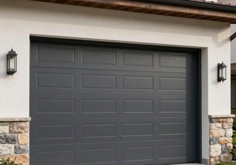 A professional photograph of a modern charcoal-colored sectional garage door being operated. The house has a minimalist Southeastern European / Bulgarian design with clean stone and plaster finishes.