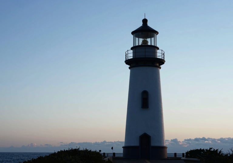 A bright and clear image of a lighthouse silhouette at dawn, symbolizing guidance and hope, incorporating #3D5A7F and #F5F8FA.