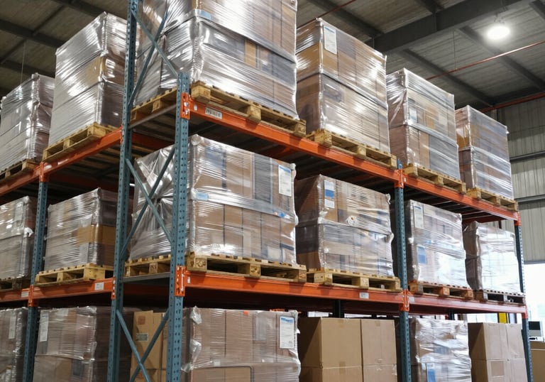 Warehouse shelves filled with organized plastic packaging products ready for shipment.