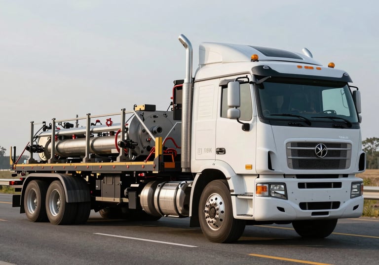 A high-quality flatbed truck hauling industrial equipment on a North American highway, power and efficiency emphasized in the composition.
