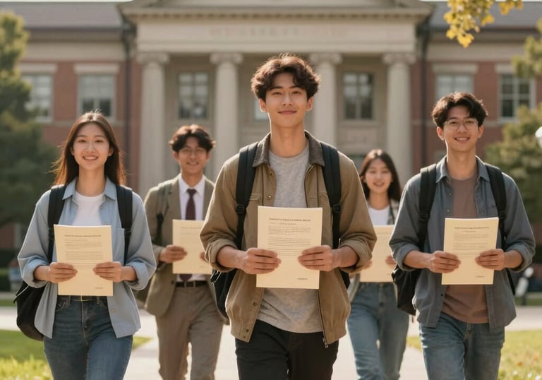 Close-up of a student holding a passport and visa approval letter with a smile.