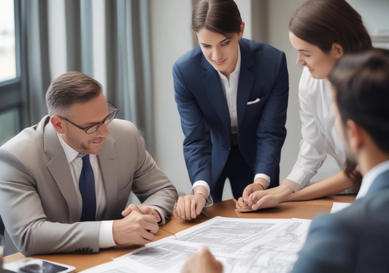 A cityscape with a real estate sign in the foreground, prominently displaying the name and phone number. Surrounding the sign are various buildings with different architectural styles, some with scaffolding and green netting. The scene features a mix of older, worn structures alongside modern glass-fronted buildings. Power lines and construction materials add to the urban complexity.