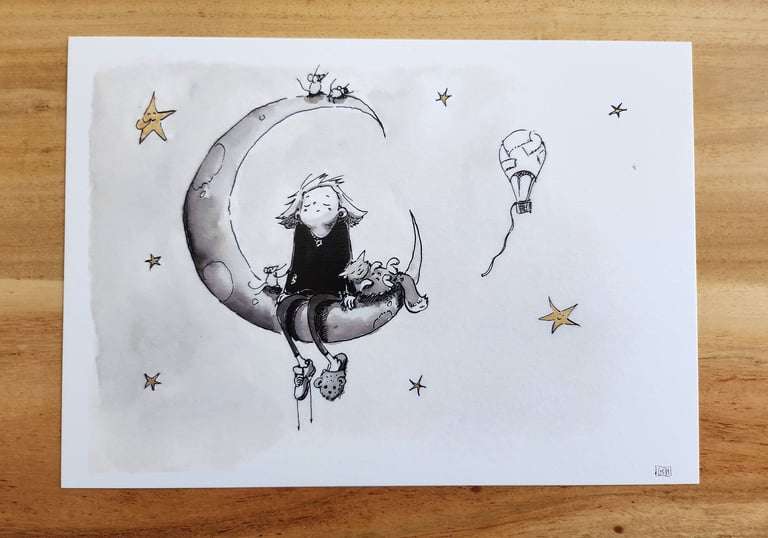 a drawing of a cat and a girl sitting on a crescent moon