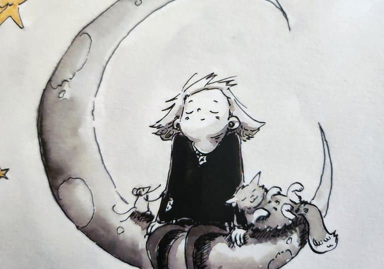 a drawing of a cat and a girl sitting on a crescent moon