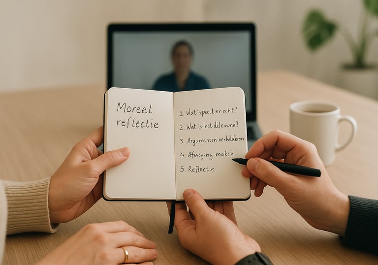 Professionele begeleiding schoolleiders PO met notitieboekje morele reflectie en laptop
