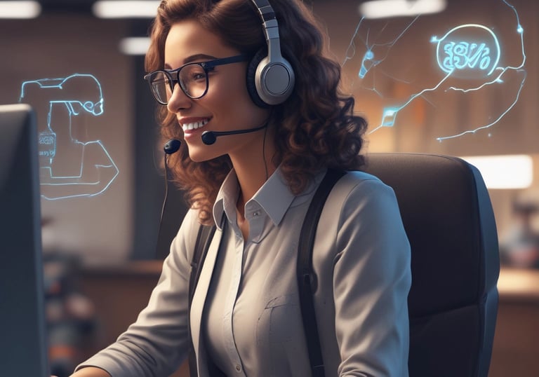 An engaging image of a customer service representative interacting with a voice AI system.