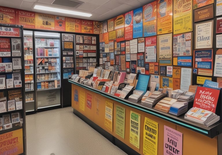 A storefront with various promotional banners and signs in multiple languages advertising ticket exchange services. The counter displays numerous tickets and small items, while the walls are covered with colorful posters and price listings.