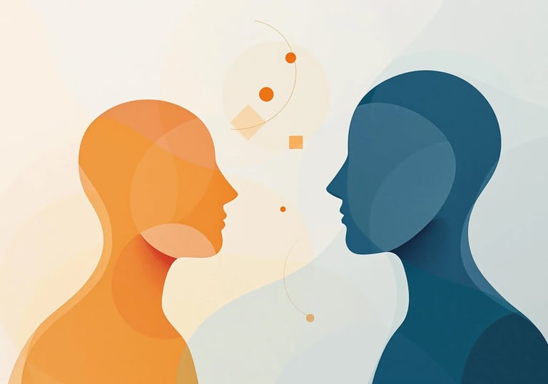 Two silhouettes facing broken shapes, symbolizing communication barriers and fear