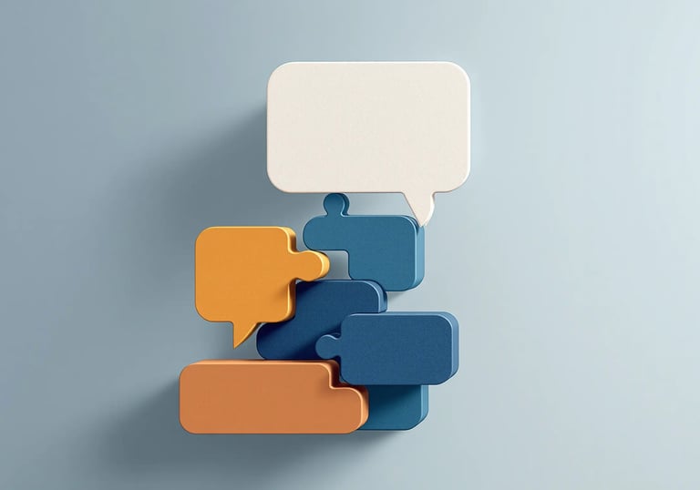 Interlocking speech bubble puzzle pieces, representing building communication skills