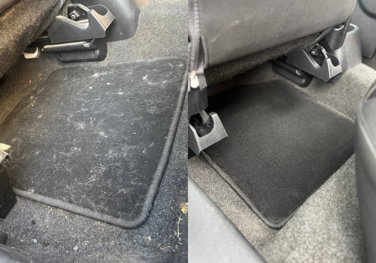 Photo avant et après le nettoyage d’un tapis de véhicule