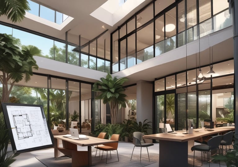 A luxurious residential area featuring a villa with a tile roof surrounded by palm trees and lush landscaping. In the background, a tranquil lake reflects the clear blue sky, and mountains rise up in the distance, creating a serene and picturesque setting.