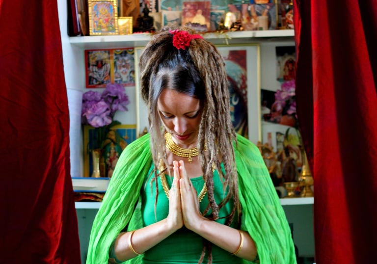 Yoga woman praying in Kamakshi temple