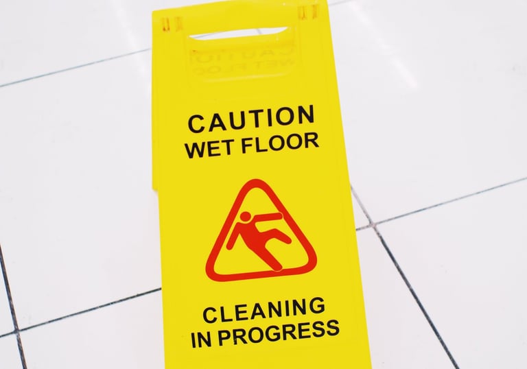 tile and grout cleaning with yellow caution sign 