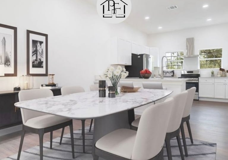 AI-staged dining area with open-concept kitchen in Wimberley custom home