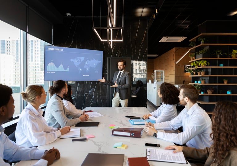 A consultant explaining global strategy on a large screen to the serior management team